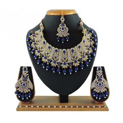 Gold Rodium Polish Blue color Necklace in Metal Alloy studded with CZ Diamond, Pearl