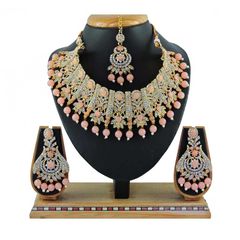 Gold Rodium Polish Pink and Majenta color Necklace in Metal Alloy studded with CZ Diamond, Pearl