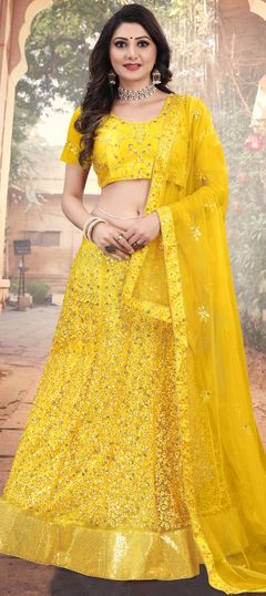 Festive, Mehendi Sangeet, Wedding Yellow color Lehenga in Net fabric with Flared Embroidered, Sequence, Thread work : 1754892