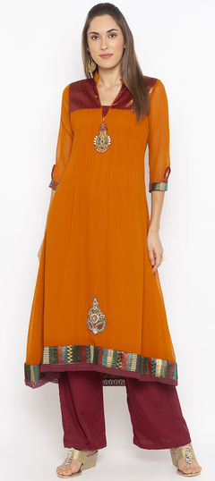 Orange color Tunic with Bottom in Georgette fabric with Patch work