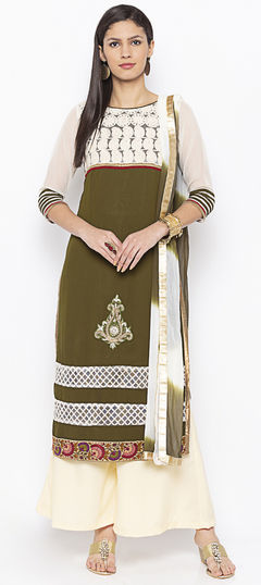 Festive, Party Wear Green color Salwar Kameez in Georgette fabric with Straight Patch, Printed, Tye n Dye work : 1755077