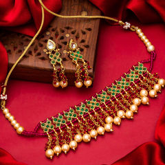 Gold Rodium Polish Multicolor color Necklace in Copper studded with Kundan