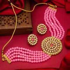 Gold Rodium Polish Pink and Majenta, White and Off White color Necklace in Metal Alloy studded with Pearl