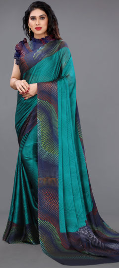 Blue color Saree in Faux Chiffon fabric with Floral, Printed work