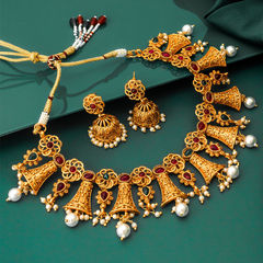 Gold Rodium Polish Red and Maroon, White and Off White color Necklace in Copper studded with CZ Diamond, Pearl