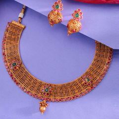 Gold Rodium Polish Red and Maroon color Necklace in Copper studded with CZ Diamond