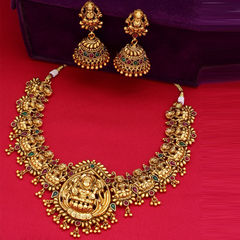 Gold Rodium Polish Green, Red and Maroon color Necklace in Copper studded with CZ Diamond