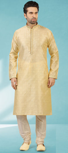 Gold color Kurta Pyjamas in Jacquard fabric with Lace work