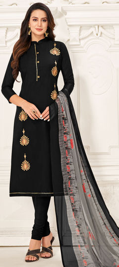 Black and Grey color Salwar Kameez in Cotton fabric with Embroidered, Thread work