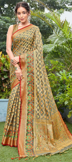 Black and Grey color Saree in Cotton fabric with Weaving work