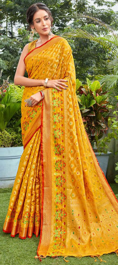Orange color Saree in Cotton fabric with Weaving work