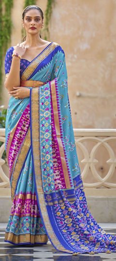 Blue color Saree in Patola Silk, Silk fabric with Floral, Printed work