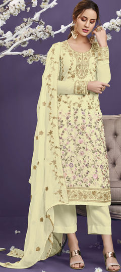 Beige and Brown color Salwar Kameez in Georgette fabric with Embroidered, Sequence, Thread, Zari work