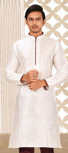 White and Off White color Kurta in Dupion Silk fabric with Thread work