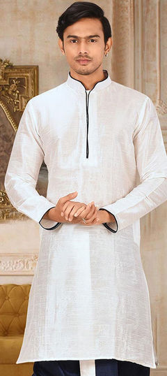 White and Off White color Kurta in Dupion Silk fabric with Thread work