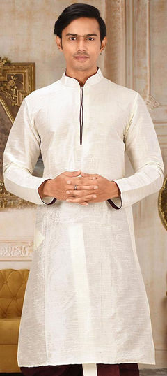 Beige and Brown color Kurta in Dupion Silk fabric with Thread work