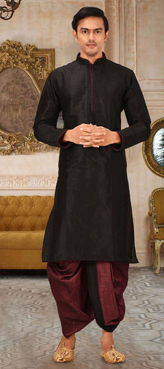 Black and Grey color Dhoti Kurta in Art Dupion Silk fabric with Thread work