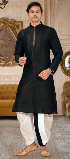 Black and Grey color Dhoti Kurta in Art Dupion Silk fabric with Thread work