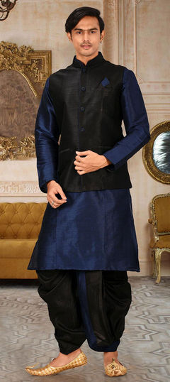 Blue color Kurta Pyjama with Jacket in Art Dupion Silk fabric with Thread work