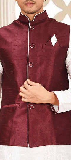 Red and Maroon color Nehru Jacket in Art Dupion Silk fabric with Thread work