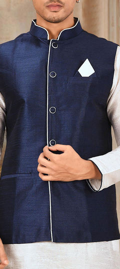 Blue color Nehru Jacket in Art Dupion Silk fabric with Thread work