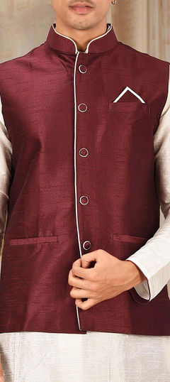 Red and Maroon color Nehru Jacket in Art Dupion Silk fabric with Thread work