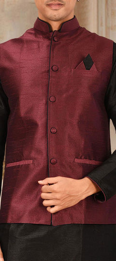 Red and Maroon color Nehru Jacket in Art Dupion Silk fabric with Thread work