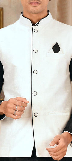 White and Off White color Nehru Jacket in Art Dupion Silk fabric with Thread work