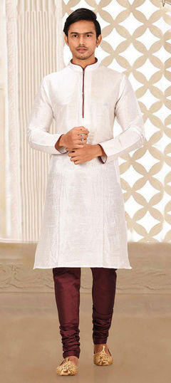 White and Off White color Kurta Pyjamas in Art Dupion Silk fabric with Thread work