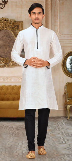 White and Off White color Kurta Pyjamas in Art Dupion Silk fabric with Thread work