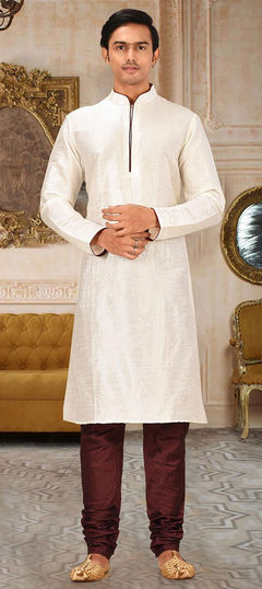 Beige and Brown color Kurta Pyjamas in Art Dupion Silk fabric with Thread work