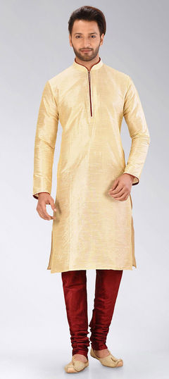 Beige and Brown color Kurta Pyjamas in Art Dupion Silk fabric with Thread work