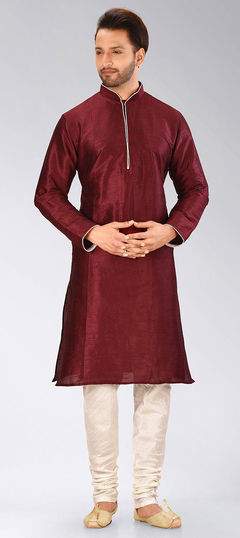 Red and Maroon color Kurta Pyjamas in Art Dupion Silk fabric with Thread work