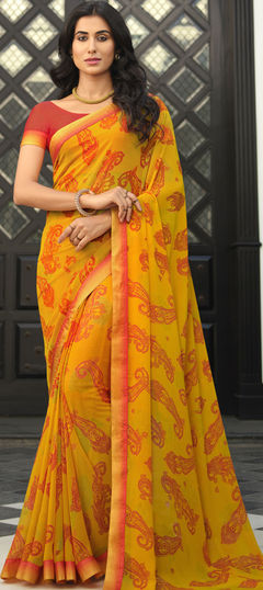 Yellow color Saree in Georgette fabric with Printed work