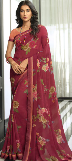 Pink and Majenta color Saree in Georgette fabric with Floral, Printed work