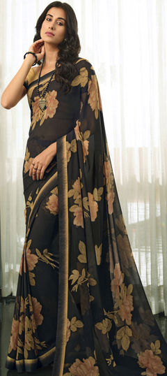 Casual, Party Wear Black and Grey color Saree in Georgette fabric with Classic Floral, Printed work : 1756972