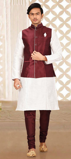 White and Off White color Kurta Pyjama with Jacket in Art Dupion Silk fabric with Thread work