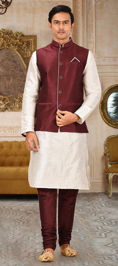 Beige and Brown color Kurta Pyjama with Jacket in Art Dupion Silk fabric with Thread work