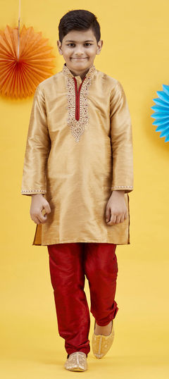 Gold color Boys Kurta Pyjama in Art Silk fabric with Embroidered, Thread work : 1757428