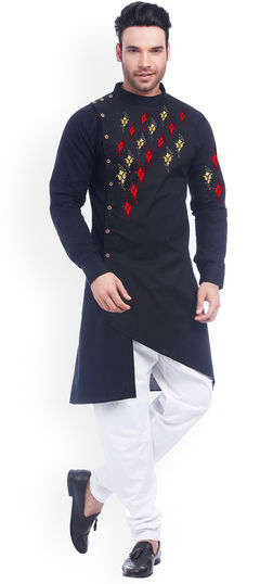 Black and Grey color Kurta Pyjamas in Cotton fabric with Embroidered, Thread work