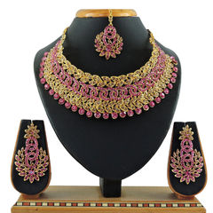 Gold Rodium Polish Pink and Majenta color Necklace in Metal Alloy studded with CZ Diamond