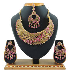 Gold Rodium Polish Pink and Majenta color Necklace in Metal Alloy studded with CZ Diamond