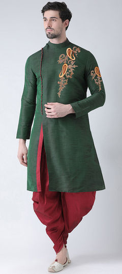 Green color Dhoti Kurta in Dupion Silk fabric with Embroidered, Thread work