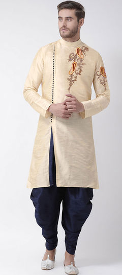 Beige and Brown color Dhoti Kurta in Dupion Silk fabric with Embroidered, Thread work