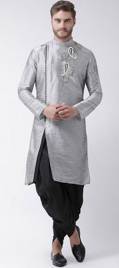 Black and Grey color Dhoti Kurta in Dupion Silk fabric with Embroidered, Thread work