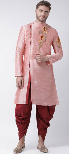 Pink and Majenta color Dhoti Kurta in Dupion Silk fabric with Embroidered, Thread work