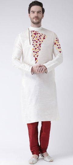 White and Off White color Kurta Pyjamas in Dupion Silk fabric with Embroidered, Thread work