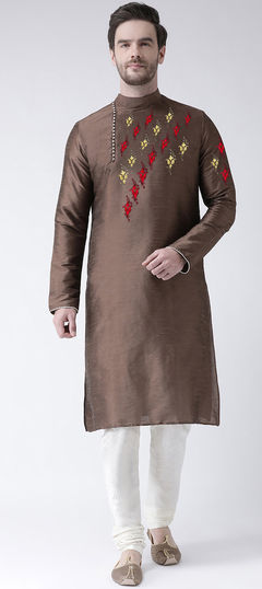 Beige and Brown color Kurta Pyjamas in Dupion Silk fabric with Embroidered, Thread work