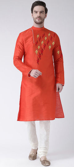 Orange color Kurta Pyjamas in Dupion Silk fabric with Embroidered, Thread work