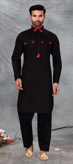 Black and Grey color Pathani Suit in Cotton fabric with Thread work